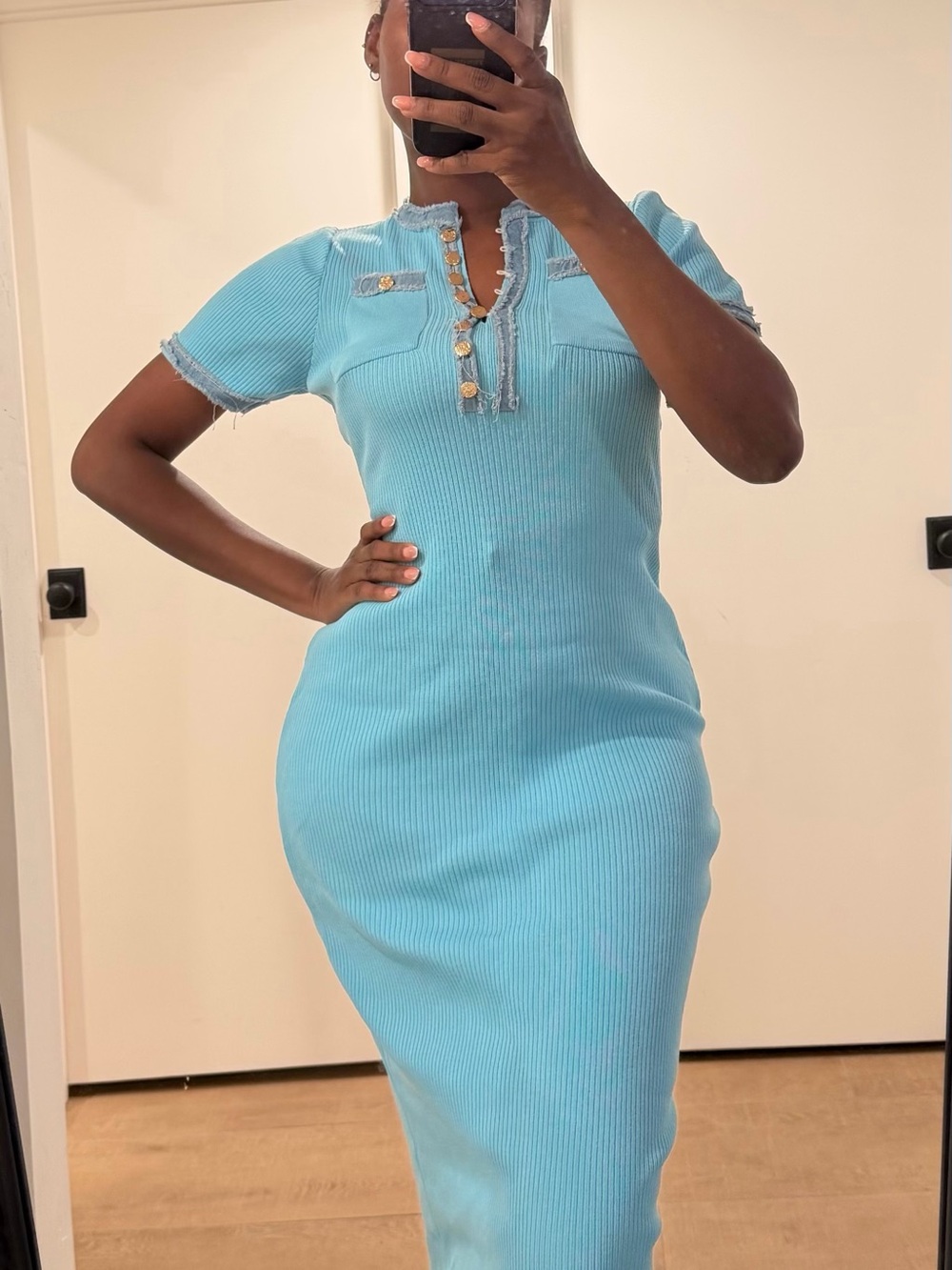SHEIN Light Blue Ribbed Midi Dress with Gold Buttons